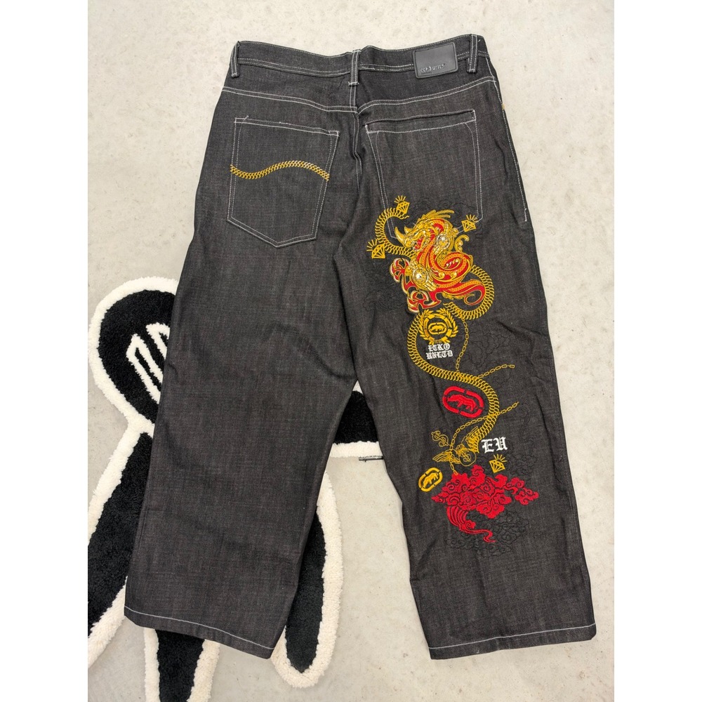 Ecko Unltd Baggy Fit Black Dragon Embroidered Jeans 36x25 Y2K Streetwear Denim